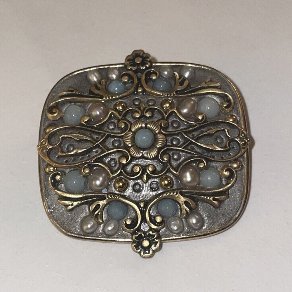 MICHAL GOLAN VTG‎ Pearl Enamel Blue Green Stone Pin Brooch Pendant Floral AL2